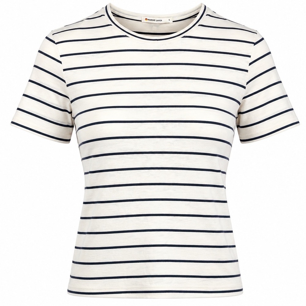 Marine Layer Striped T-Shirt Womens S Cream Navy Blue Cotton Tencel Parisian